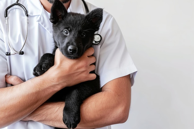 Veterinär mit einem niedlichen Welpen Veterinäruntersuchung von Hunden Abgeschnittenes Bild Professioneller fürsorglicher Arzt mit Stethoskop, der einen Welpen hält Gesundes Haustier Kontrollbesuch in einer modernen Tierklinik