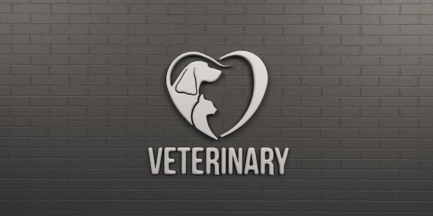 Veterinärmedizinisches Hunde- und Katzenlogo-Symbol, Wanddesign, 3D-Render-Illustration