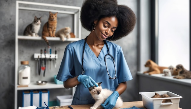 Veterinária afro-americana em uma clínica mostrando cuidado e atenção enquanto trata um animal