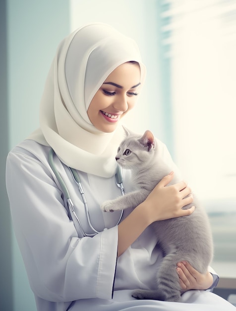 Veterinaria árabe con un gatito en una clínica veterinaria