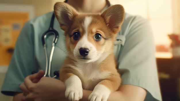 Una veterinaria con un cachorro en brazos.