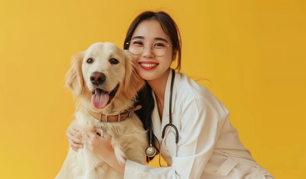 Foto una veterinaria china vestida de blanco está sentada en la mesa sosteniendo un perro golden retriever con gafas y estetoscopio alrededor del cuello sonriendo a la cámara de fondo amarillo