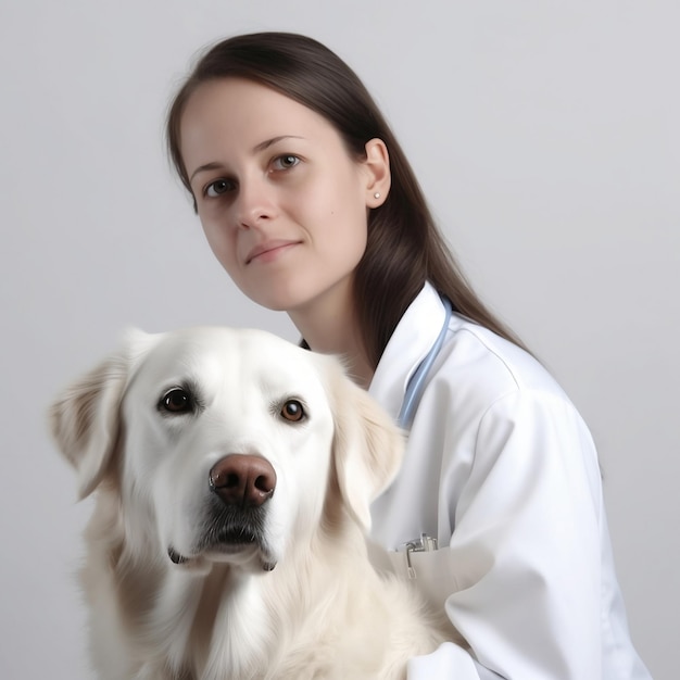 veterinária com um cachorro perto photo