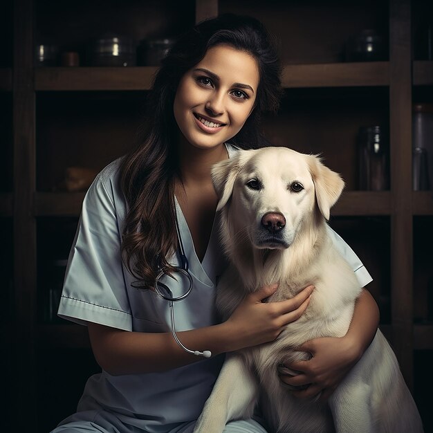 Veterinária confiante cuidando de um cão