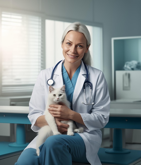 Veterinária de meia-idade com um gato no gabinete da clínica veterinária