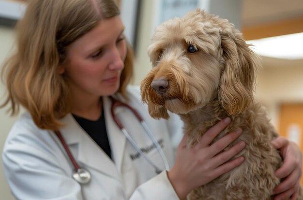 Foto veterinária examina labradoodle