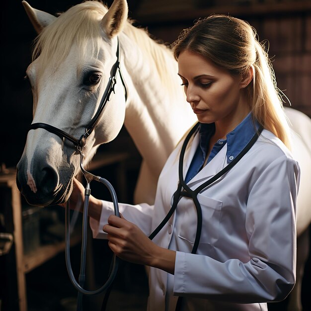 Veterinaria examinando el caballo