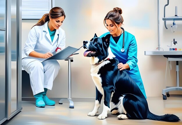 Foto veterinária examinando um cão de raça grande preto e branco em uma clínica veterinária pintura a óleo