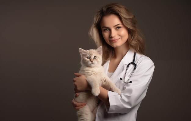 Veterinaria con un gato en el fondo marrón