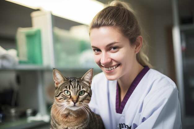 Foto una veterinaria de mascotas abrazando un fondo de estilo bokeh de gato