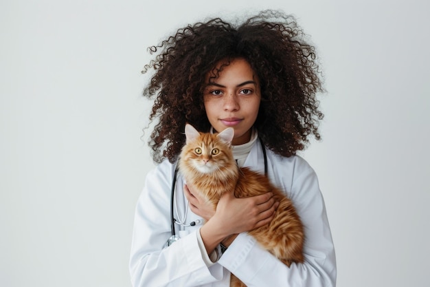 Foto veterinaria mujer sosteniendo un gato aislado en fondo blanco médico de mascotas