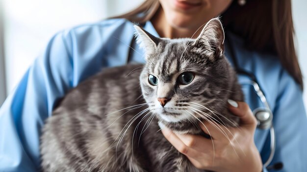 Veterinária segura gato doente em close-up Diagnóstico de animais de estimação conceito de clínica de saúde