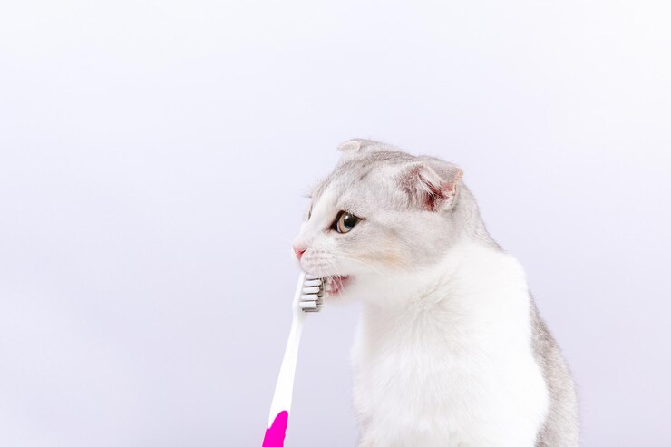 Veterinária segurando escova de dentes para gatos em suas mãos Higiene bucal para animais Fundo branco