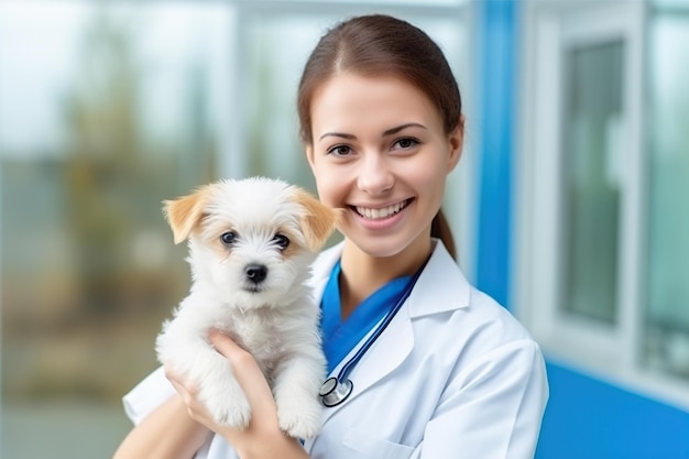 Veterinaria sonriente sosteniendo un lindo cachorro