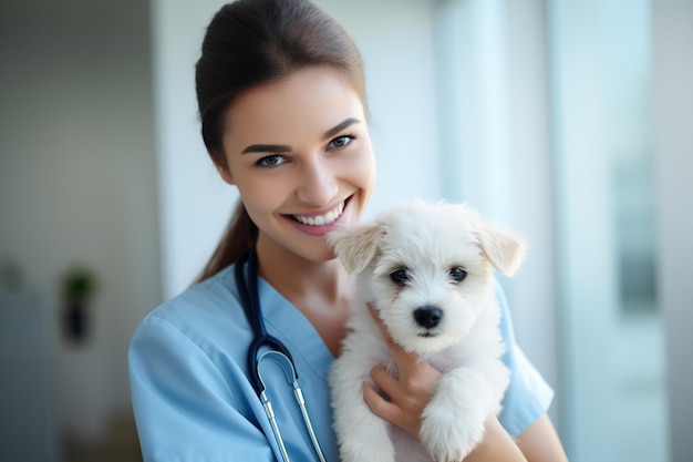 Veterinaria sonriente sosteniendo un lindo cachorro