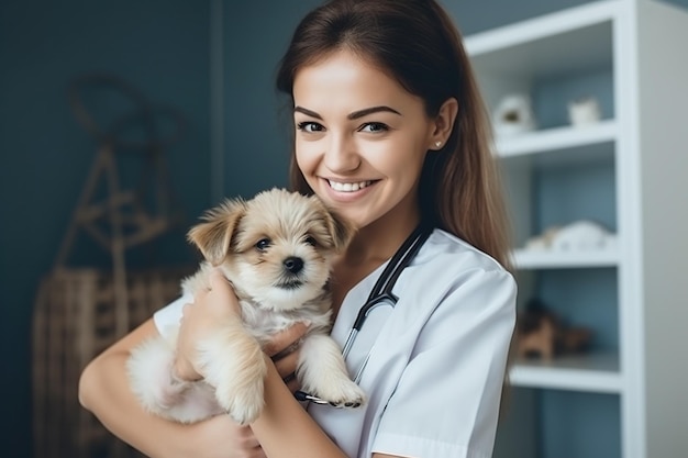 Veterinária sorridente segurando um cachorrinho fofo