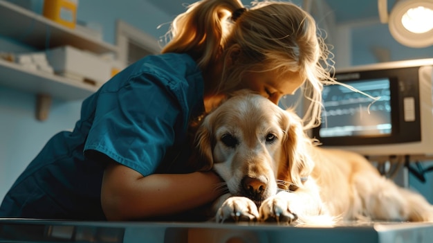 Foto veterinário abraçando um golden retriever na clínica dia veterinário