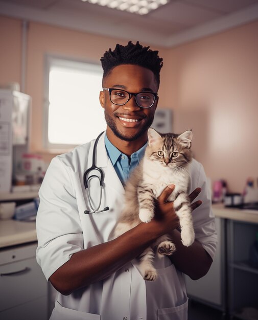 Veterinario afroamericano con un gatito en el hospital