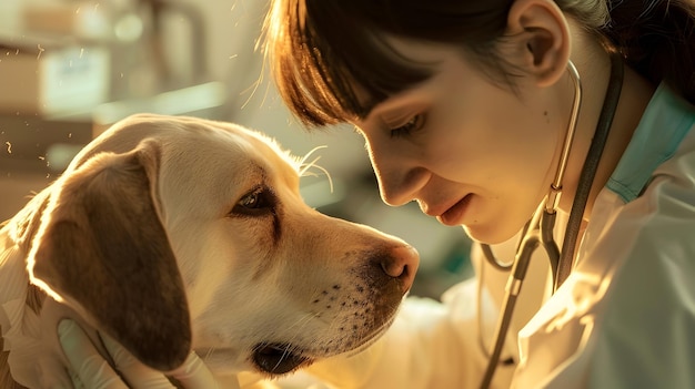Veterinario atento que ofrece un examen canino suave con cuidado competente