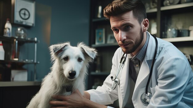 Veterinário bonito examinando um cão na clínica para doenças Conceito de cuidados e cuidados com animais de estimação