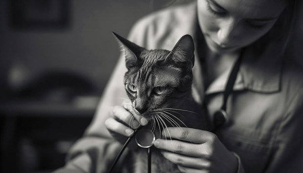 Veterinário caucasiano examinando gatinho fofo com estetoscópio gerado por IA