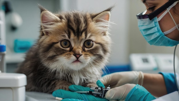 Veterinário com um gato bonito e feliz Gatinho no médico