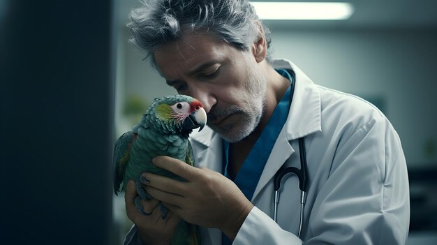 Veterinario consolando a un pájaro mascota angustiado