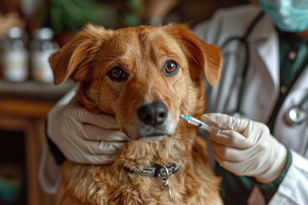 Un veterinario le da una inyección a un perro en casa