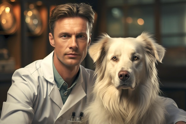 veterinário e médico de cachorro branco prescrevendo tratamento