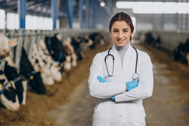 Veterinário em roupão de laboratório em pé no estábulo