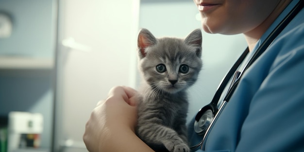 Un veterinario escucha a un gatito con un fonendo
