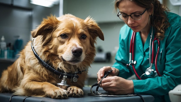 El veterinario examina al perro con estetoscopio Cuidar a las mascotas es importante dar medicamentos generativos ai