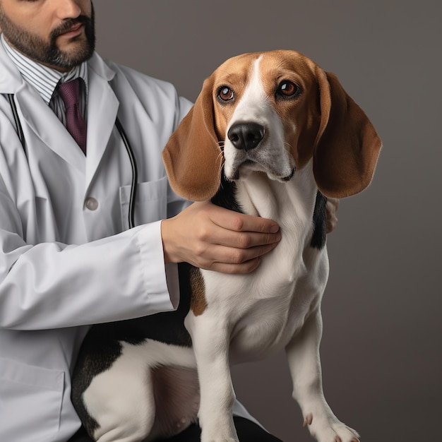 El veterinario examina el beagle en una vista recortada