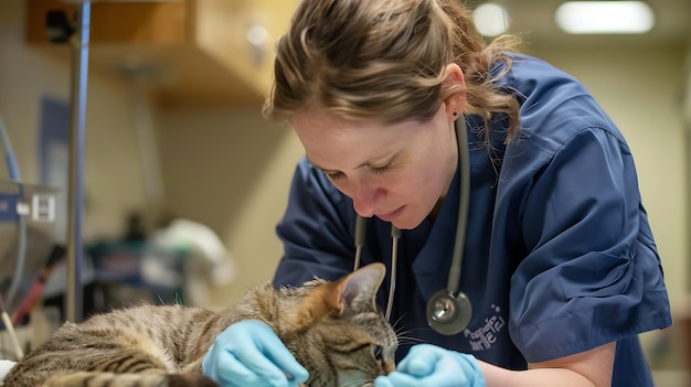 Foto un veterinario examina a un gato en una clínica. ella lleva un abrigo azul y guantes. el gato está tendido en una mesa.