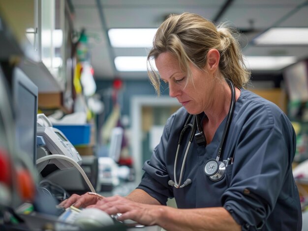 Foto el veterinario examina los registros médicos de los pacientes