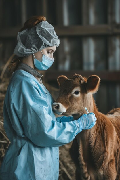 un veterinario examina a una vaca pequeña