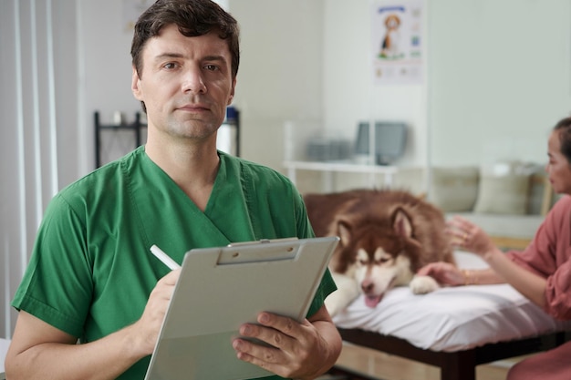 Veterinário examinando cachorro grande