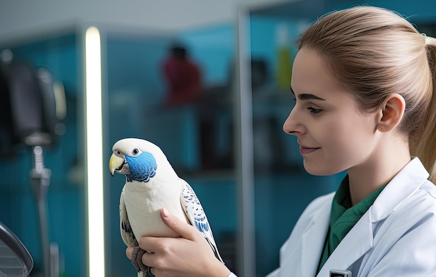 Veterinário examinando papagaio em clínica de perto