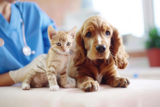 Foto un veterinario examinando a un perro y un gato en la clínica de animales