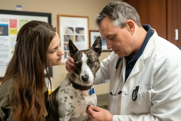 Foto veterinario examinando a un perro