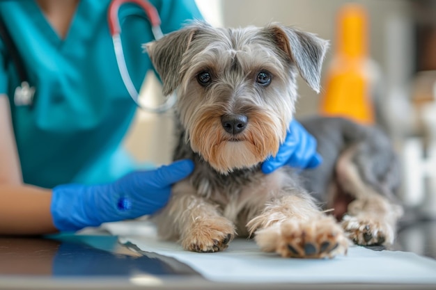 Veterinário examinando um bonito Yorkshire Terrier deitado na mesa de exame