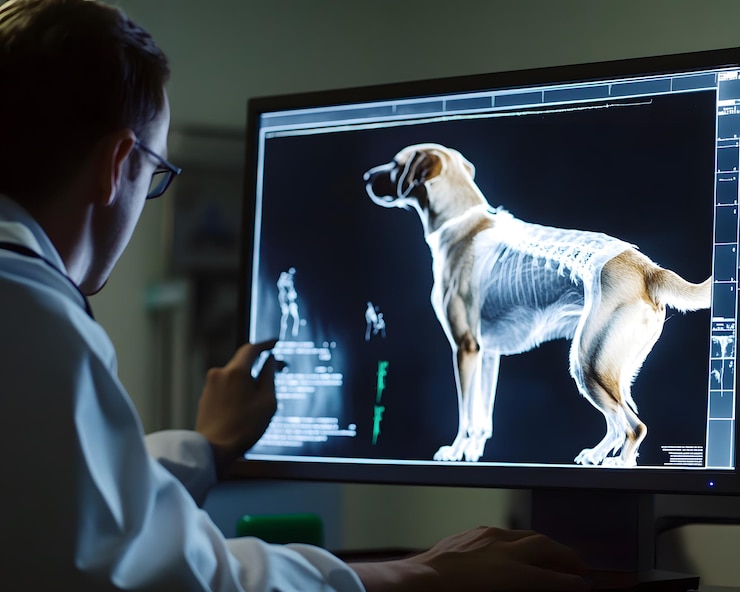 Foto veterinário examinando um cão39s röntgen em um computador mostrando tecnologia médica avançada e cuidados com animais de estimação