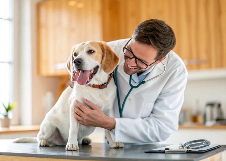 Un veterinario feliz examinando al beagle