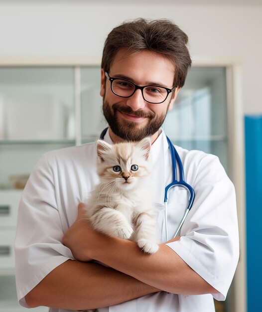 Un veterinario feliz con un gatito en la mano