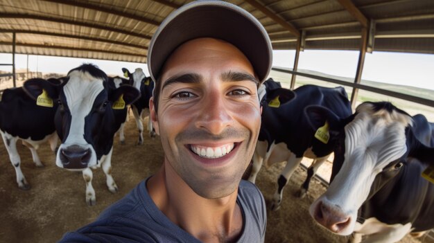 Veterinario feliz sonriendo mientras se hace selfie con la vaca en la granja Creado con tecnología de IA generativa