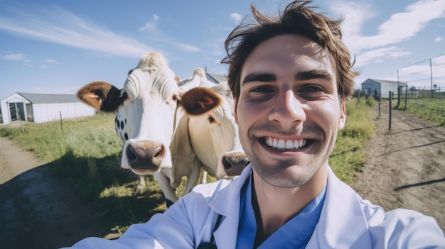 Veterinario feliz sonriendo mientras se hace selfie con la vaca en la granja Creado con tecnología de IA generativa