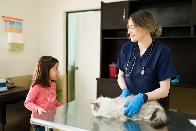 Veterinário feminino feliz sorrindo e conversando com uma menina dona de um gato branco. Linda garota elementar levando seu animal de estimação fofo para a clínica de animais para um check-up