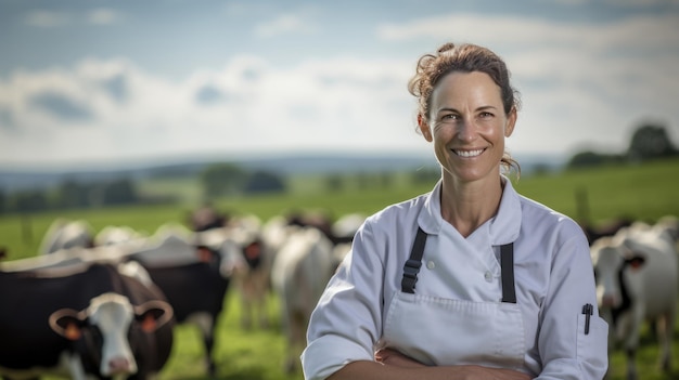 Un veterinario se para frente a las vacas y sonríe para la cámara Creado con tecnología de IA generativa