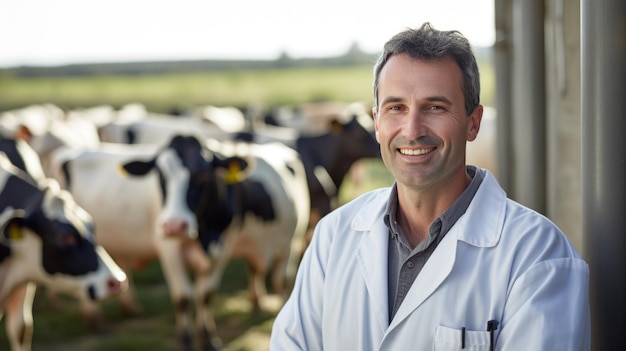 Un veterinario se para frente a las vacas y sonríe para la cámara Creado con tecnología de IA generativa
