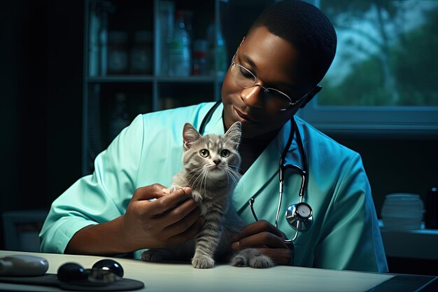 Veterinario con un gatito en la clínica Médico veterinario afroamericano comprueba la salud de un gatito Amor por las mascotas y preocupación por su salud